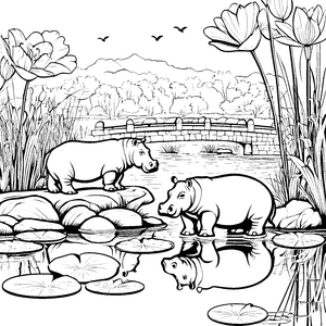 Witzige Flusspferd-Jungtiere am See Ausmalvorlage für kleine Naturfreunde