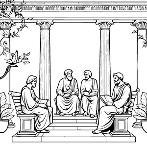 Philosophische Diskussion im antiken Tempel Ausmalvorlage für kluge Köpfe