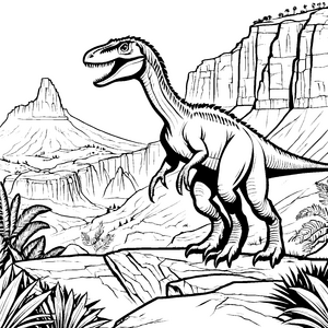 Dynamischer Velociraptor in aufregender Landschaft Ausmalvorlage für abenteuerlustige Entdecker