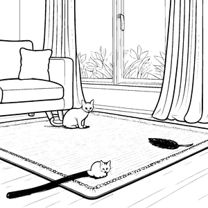 Katzenspielzeug mit Feder und lebhaften Freunden Ausmalvorlage für verspielte Stubentiger