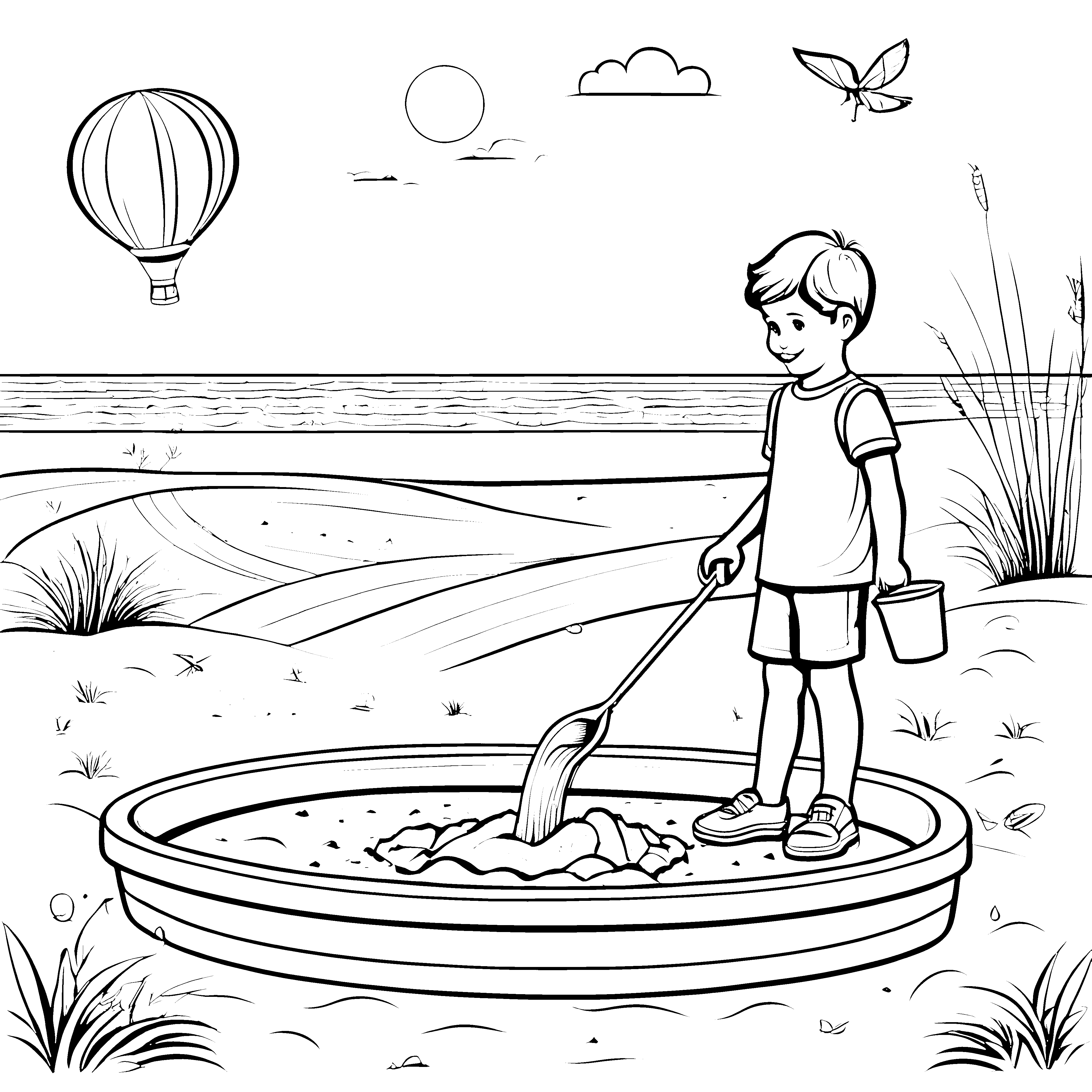 Fröhlicher Junge im Sandkasten beim Spielen Ausmalbild für kleine Entdecker