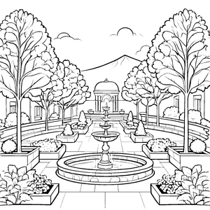 Zauberhafte Terrassenlandschaft mit sprudelndem Brunnen Ausmalvorlage für kleine Gartenfreunde