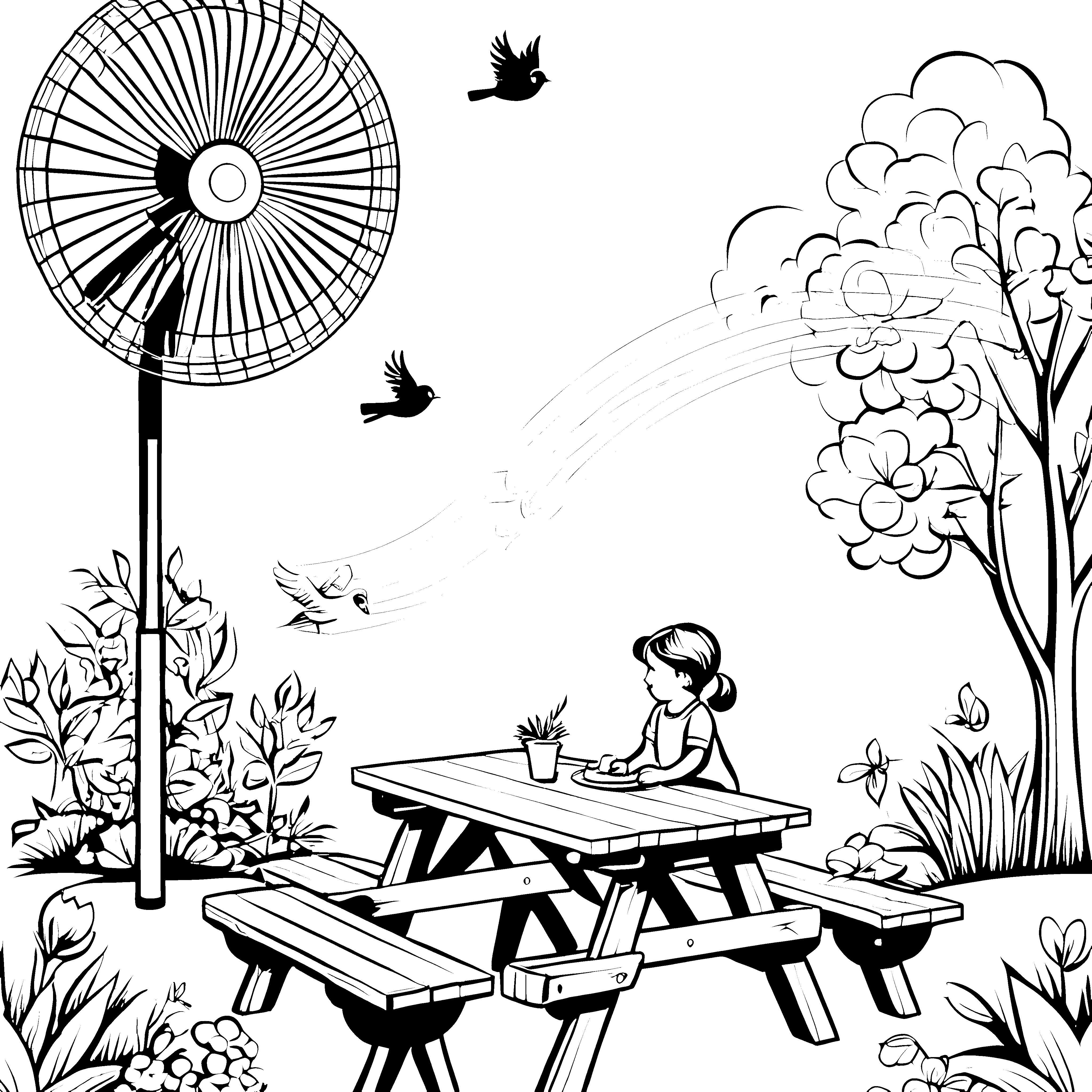 Kreativer Ventilator im blühenden Garten Ausmalvorlage für junge Naturforscher