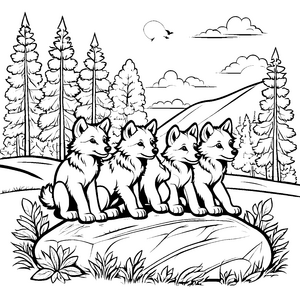 Vier neugierige Wolfsbabys auf Abenteuer Ausmalvorlage für kleine Entdecker