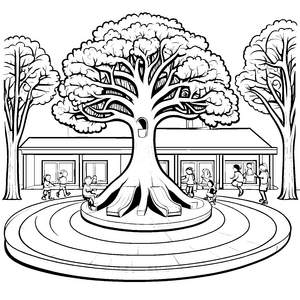 Lebendiger großer Baum mit fröhlichen Kindern Ausmalvorlage für abenteuerlustige kleine Entdecker