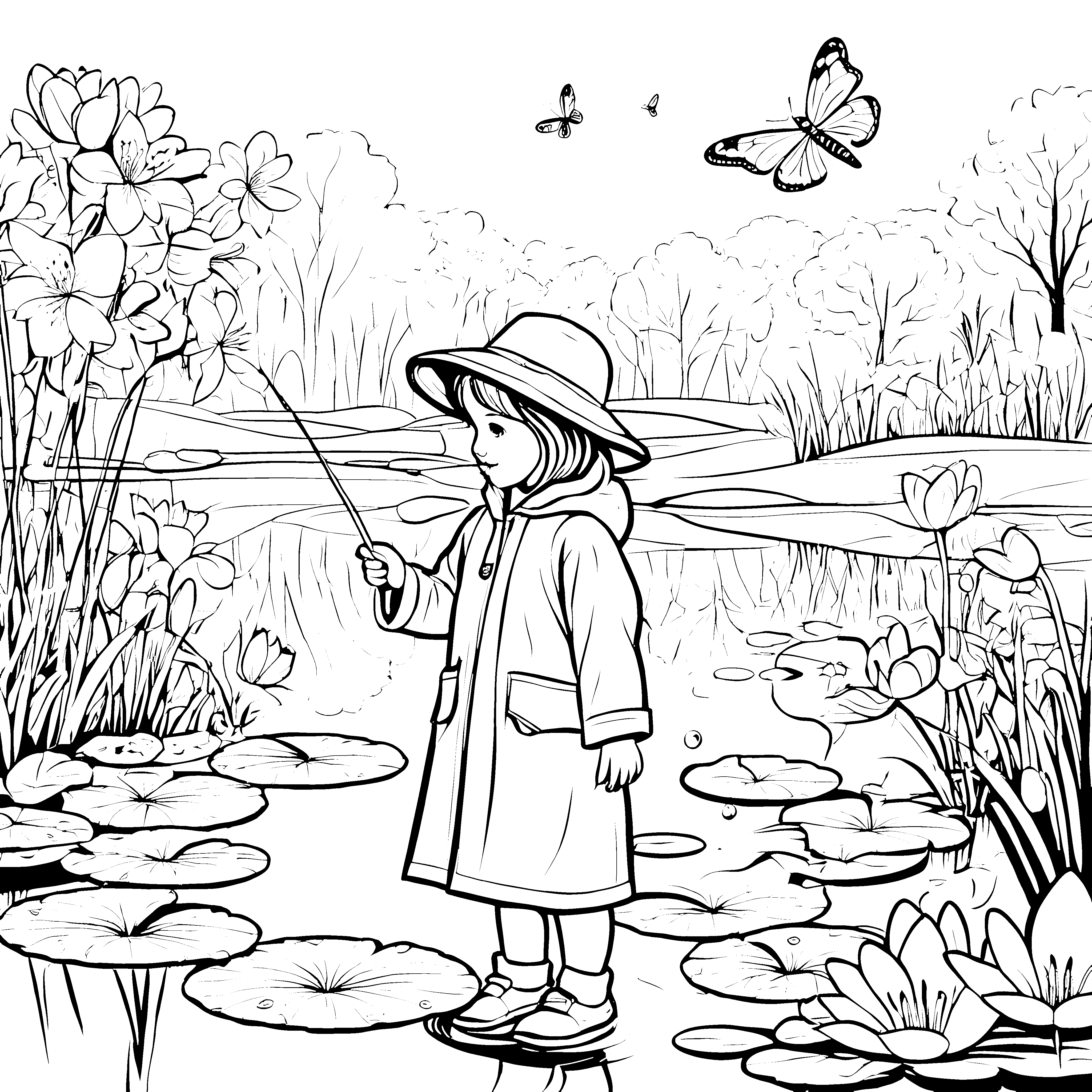 Entspanntes Mädchen am blühenden Teich Ausmalmotivation für kleine Naturfreunde