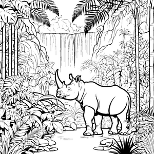 Majestätisches Nashorn vor plätscherndem Wasserfall Ausmalvorlage für fabelhafte Abenteurer
