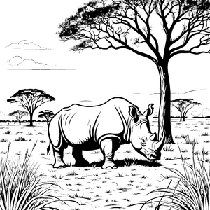 Majestätisches Nashorn unter weitläufigem Baum Ausmalmotiv für fantasievolle Entdecker