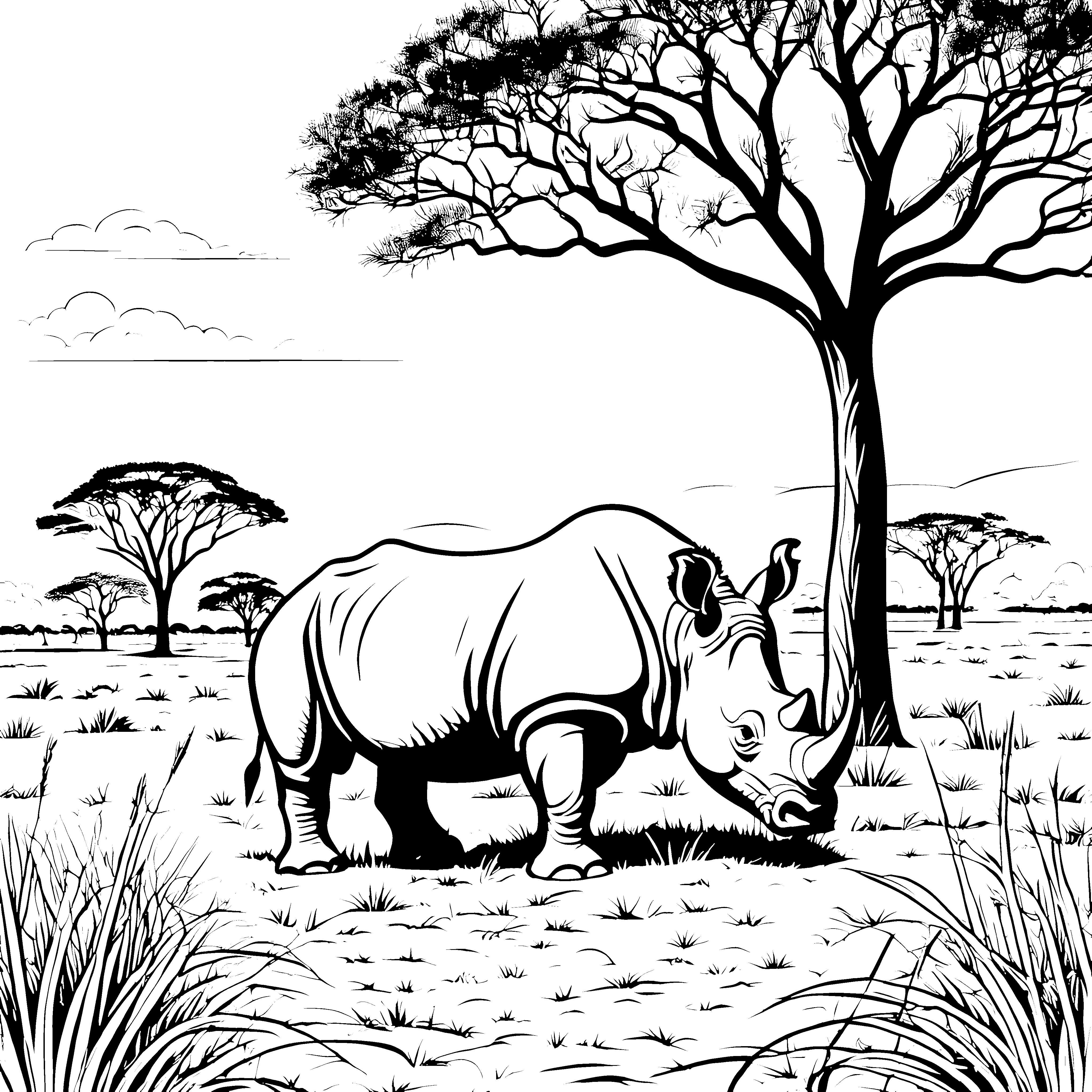Majestätisches Nashorn unter weitläufigem Baum Ausmalmotiv für fantasievolle Entdecker