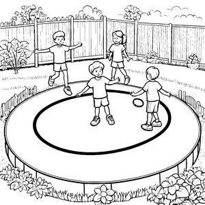 Sprungfreudige Kinder auf dem bunten Trampolin Ausmalbild für tatendurstige Entdecker