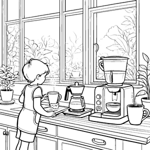 Begeisterter Junge beim Kaffeekochen in der sonnigen Küche Ausmalbild für kreative Genussfreunde