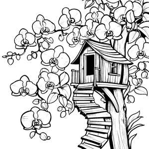 Verspielt blühende Orchideen um ein Baumhaus Malvorlage für kleine Naturliebhaber