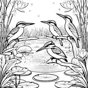 Spritzige Vögel im kühlen Teich Ausmalbild für neugierige Naturentdecker