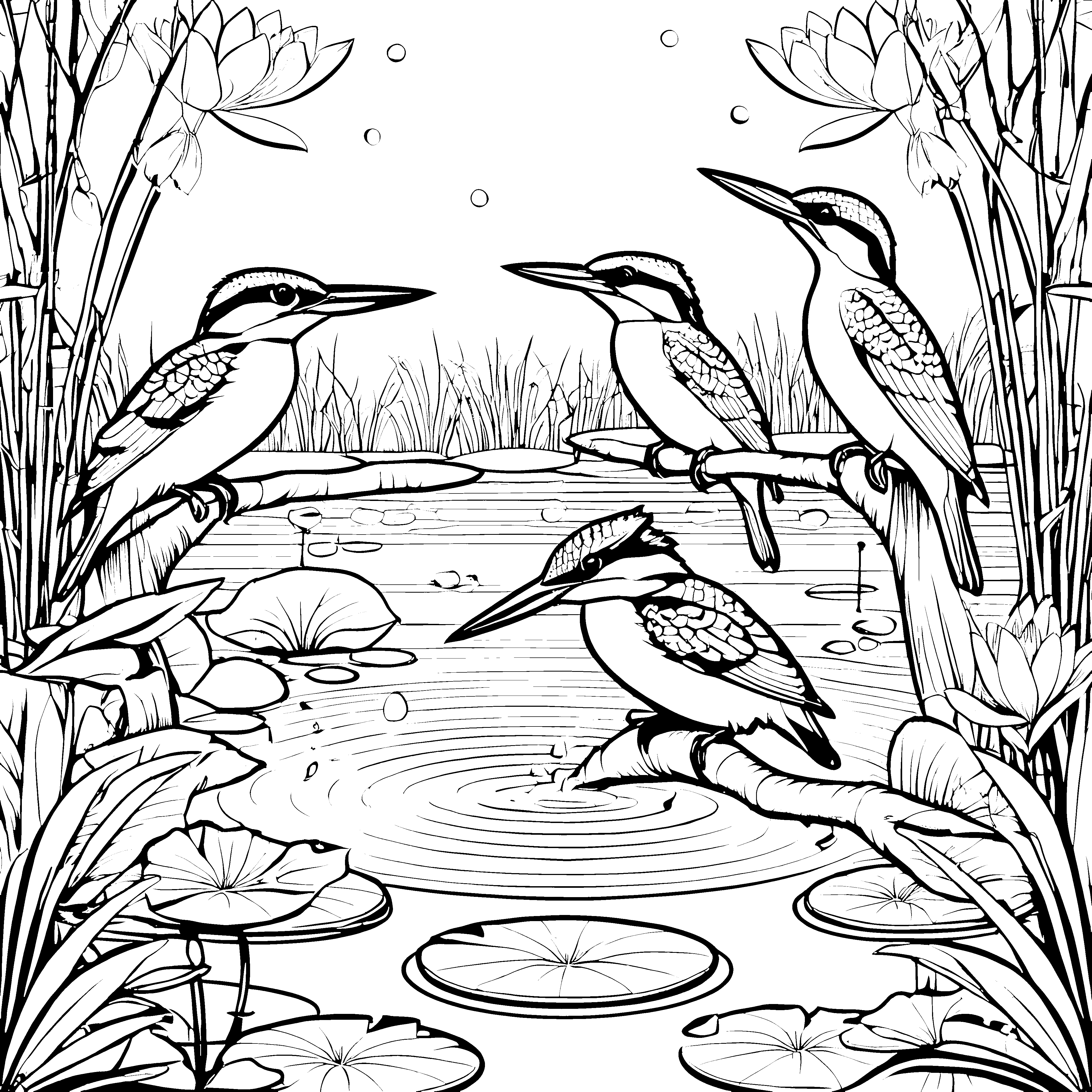 Spritzige Vögel im kühlen Teich Ausmalbild für neugierige Naturentdecker