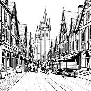 Historische Kutsche in malerischer Altstadt Ausmalvorlage für kleine Zeitreisende