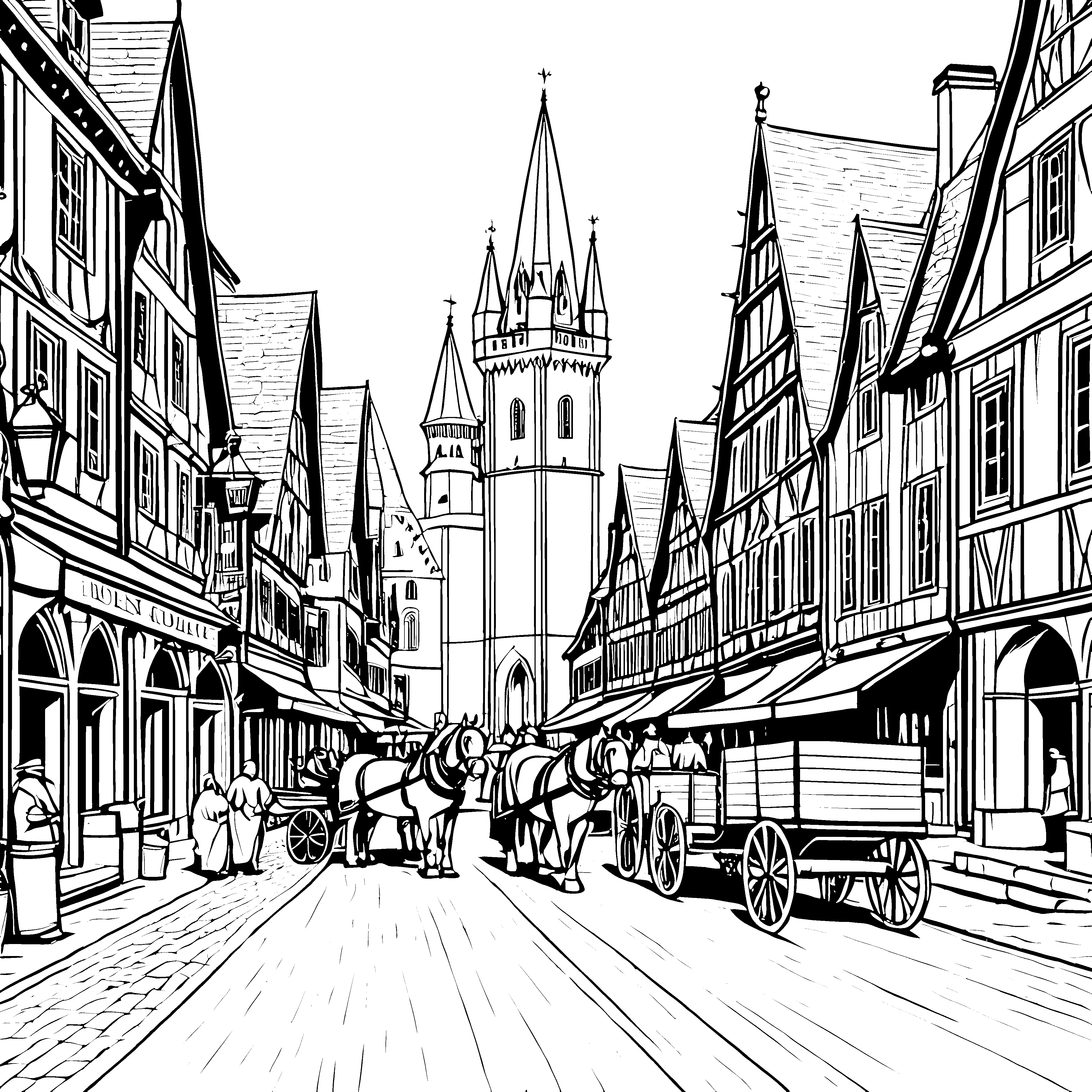 Historische Kutsche in malerischer Altstadt Ausmalvorlage für kleine Zeitreisende
