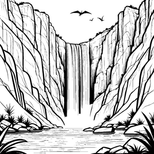 Fliegender Pteranodon über majestätischem Wasserfall Ausmalbild für abenteuerlustige Entdecker