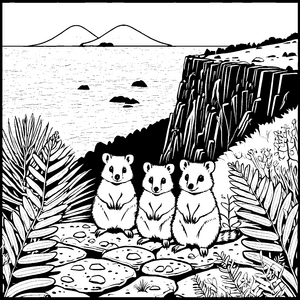 Drei putzige Quokka Babys am idyllischen Strand Ausmalvorlage für neugierige Entdecker