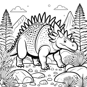 Stegosaurus beim Entspannen in der prähistorischen Landschaft Ausmalvorlage für kleine Dino-Abenteurer