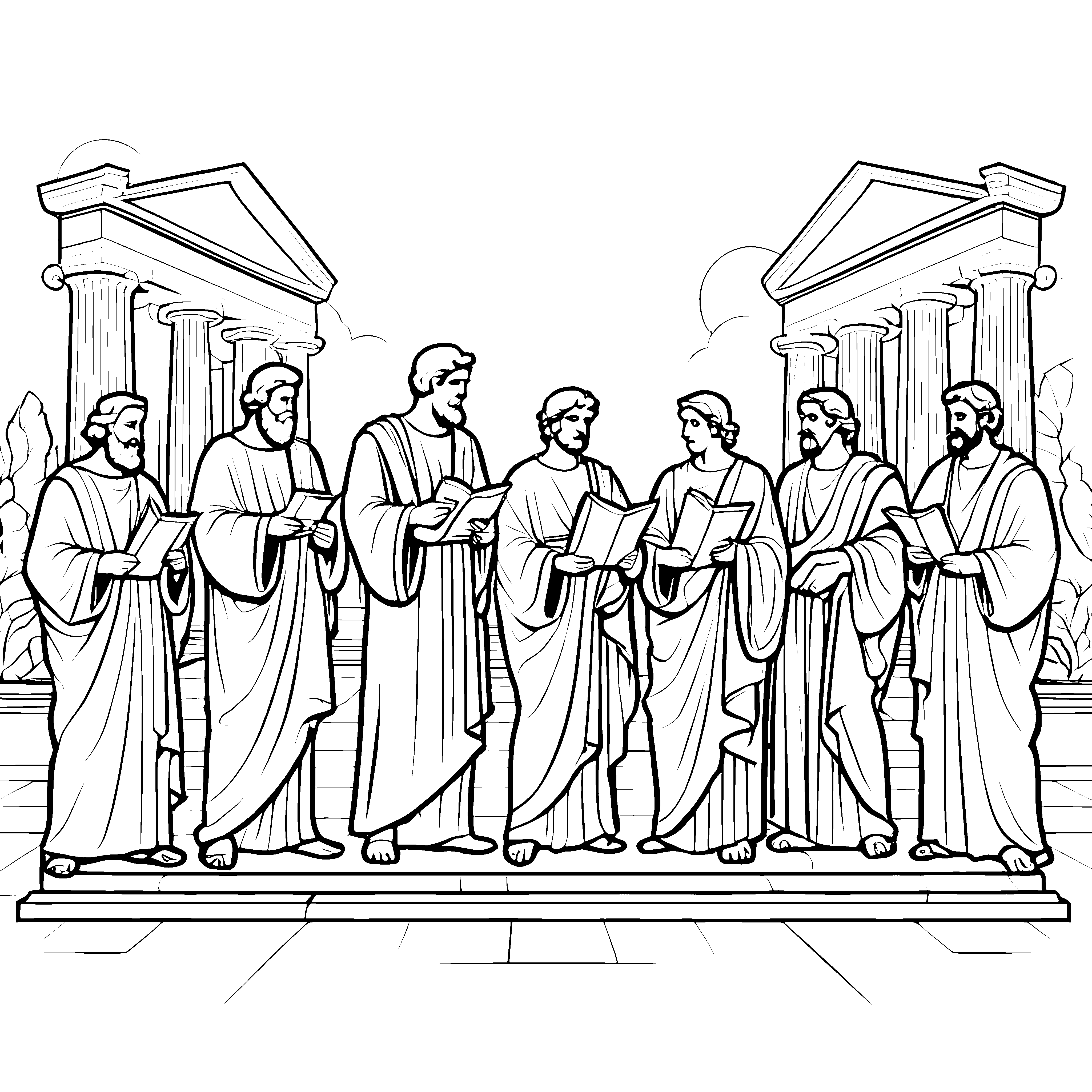 Philosophische Runde antiker Denker im Tempel Ausmalvorlage für kleine Weisheitsfreunde