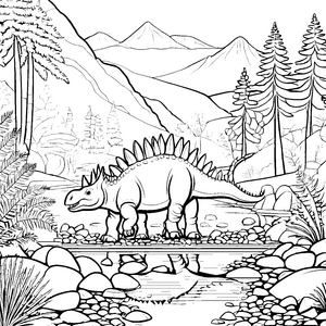 Stegosaurus beim Erkunden eines Flusses Ausmalbild für kleine Dino-Fans