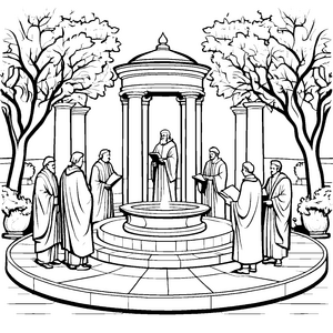 Philosophische Diskussion im zauberhaften Garten Ausmalbild für nachdenkliche Entdecker