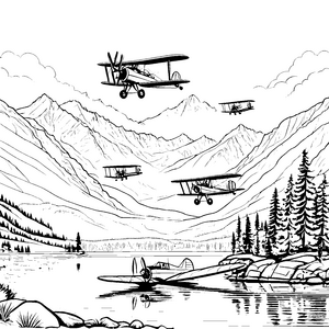 Abenteuerliche Flugzeuge über majestätischen Bergen Ausmalvorlage für mutige Entdecker