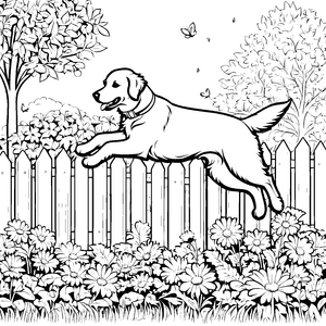 Spritziger Golden Retriever springt über den Zaun Ausmalbild für fröhliche Tierfreunde