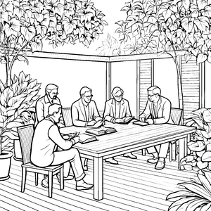 Philosophische Diskussion im Garten mit blühenden Pflanzen Ausmalbild für wissbegierige Denker