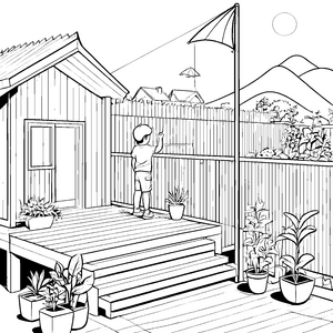 Kreativer Junge bemalt die Terrassenwand Ausmalvorlage für fantasievolle Künstler