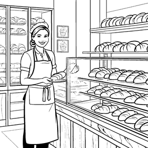 Freundliche Bäckerin mit frischen Brötchen Ausmalvorlage für angehende Meisterbäcker