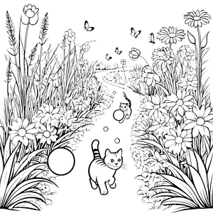 Lustige Katzen beim Frühlingsspiel im bunten Garten Ausmalbild für fantasievolle Tierfreunde