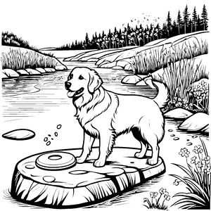 Fröhlicher Golden Retriever am glitzernden Wasser Ausmalmotivation für abenteuerlustige Tierfreunde