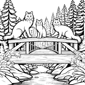 Norwegische Waldkatzen auf malerischer Brücke Ausmalmotiv für abenteuerlustige Tierfreunde