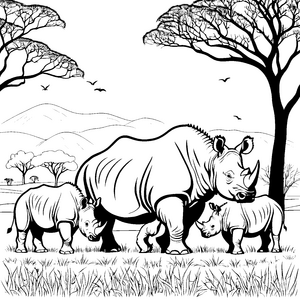Majestätische Nashörner auf der grünen Wiese Ausmalvorlage für tierliebende Entdecker