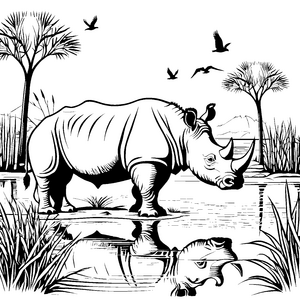 Majestätisches Nashorn am glänzenden Wasser Ausmalbild für kleine Naturforscher