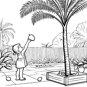 Mango-Baum mit fröhlichem Kind im Garten Ausmalbild für kleine Naturforscher