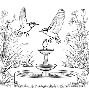 Schwungvolle Vogelpaare am sprudelnden Brunnen Ausmalmotiv für neugierige Naturfreunde