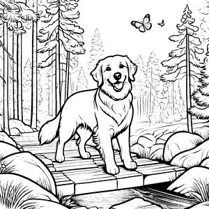 Fröhlicher Golden Retriever auf der Brücke Ausmalmotiv für abenteuerlustige Naturentdecker