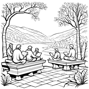 Weise Philosophen in entspannter Natur Ausmalbild für neugierige Denker