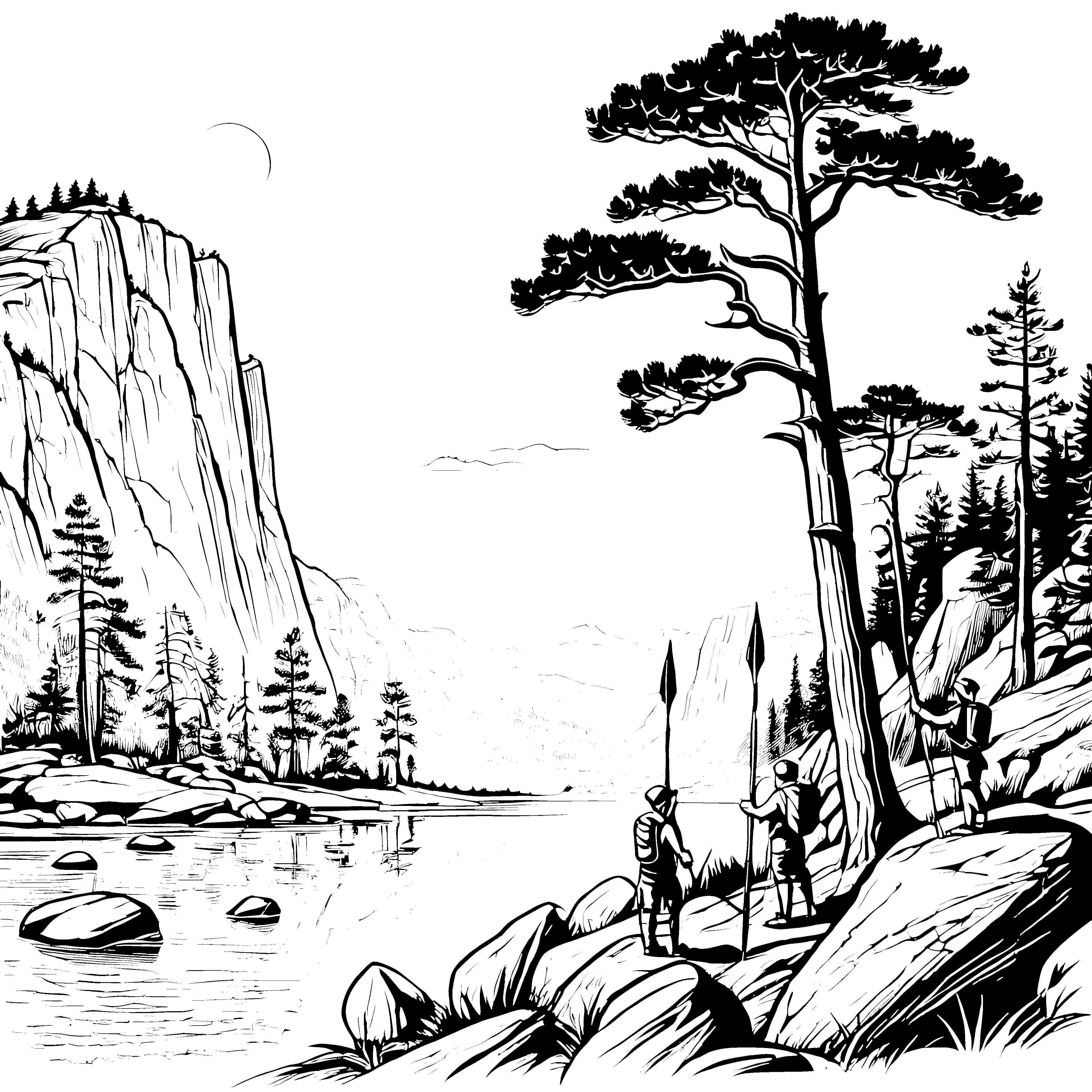 Steinzeitliche Jäger am glitzernden Fluss Ausmalvorlage für wissbegierige Entdecker