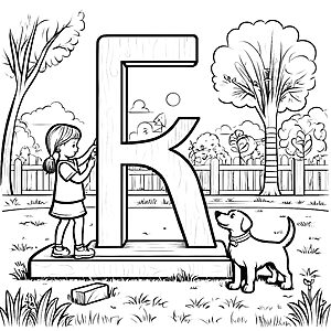 Kreatives Mädchen malt riesigen Buchstaben im Garten Ausmalvorlage für junge Entdecker