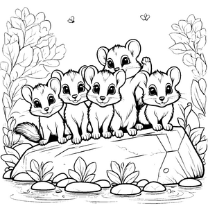 Verspielte Flughörnchen-Babys auf buntem Stein Ausmalbild für kleine Naturentdecker