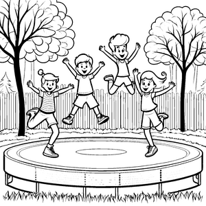 Fröhliche Kinder beim Springen auf dem Trampolin Ausmalvorlage für energiegeladene Entdecker