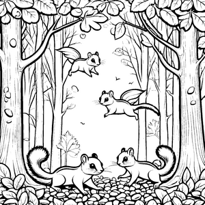 Flugbegeisterte Flughörnchen-Babys im Wald Ausmalvorlage für kleine Abenteuerer