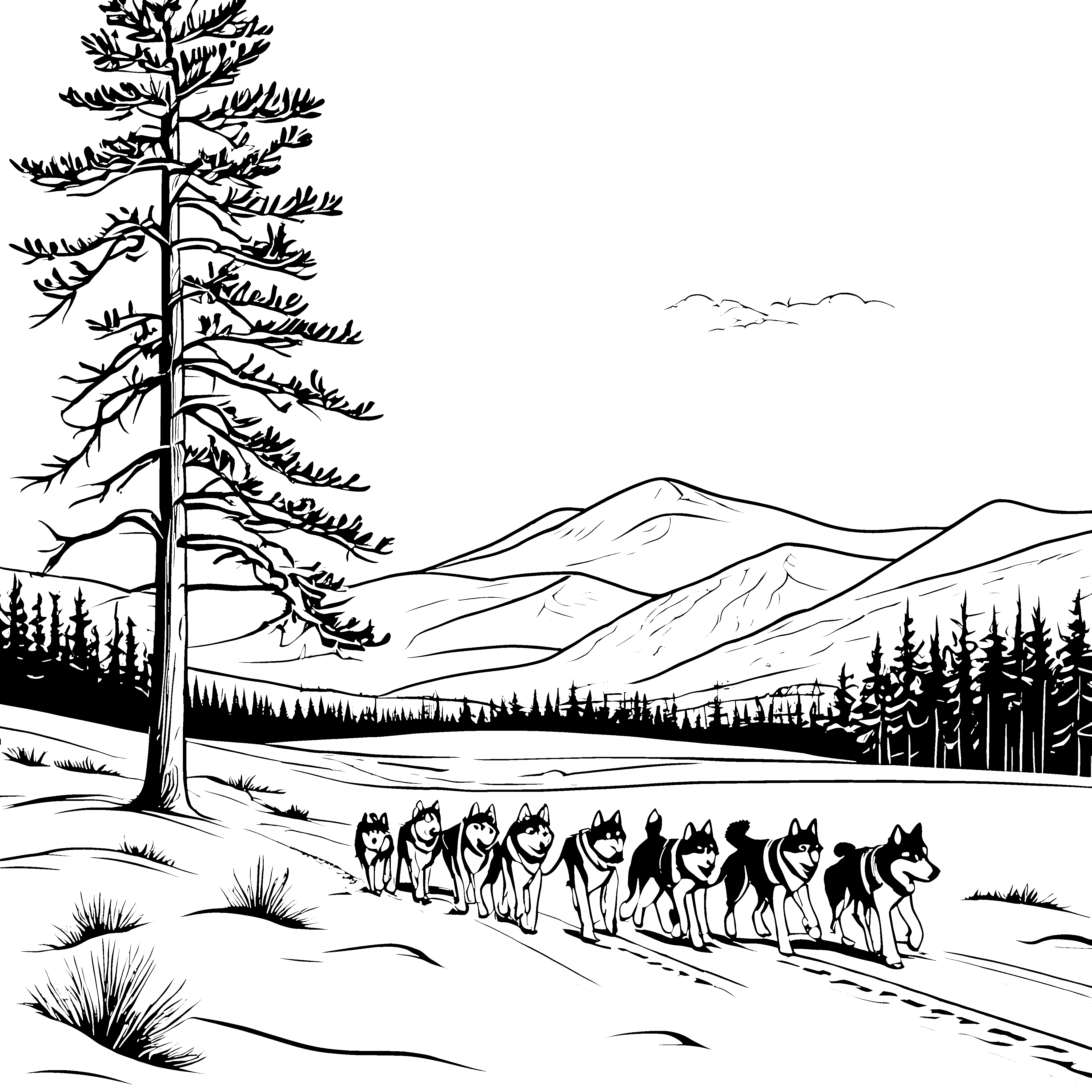 Abenteuerliche Schlittenhunde in der Winterlandschaft Ausmalvorlage für frohe Entdecker