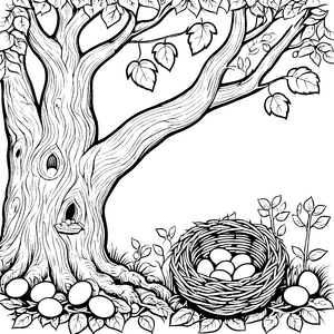 Fröhliches Osternest unter dem alten Baum Ausmalvorlage für kleine Entdecker