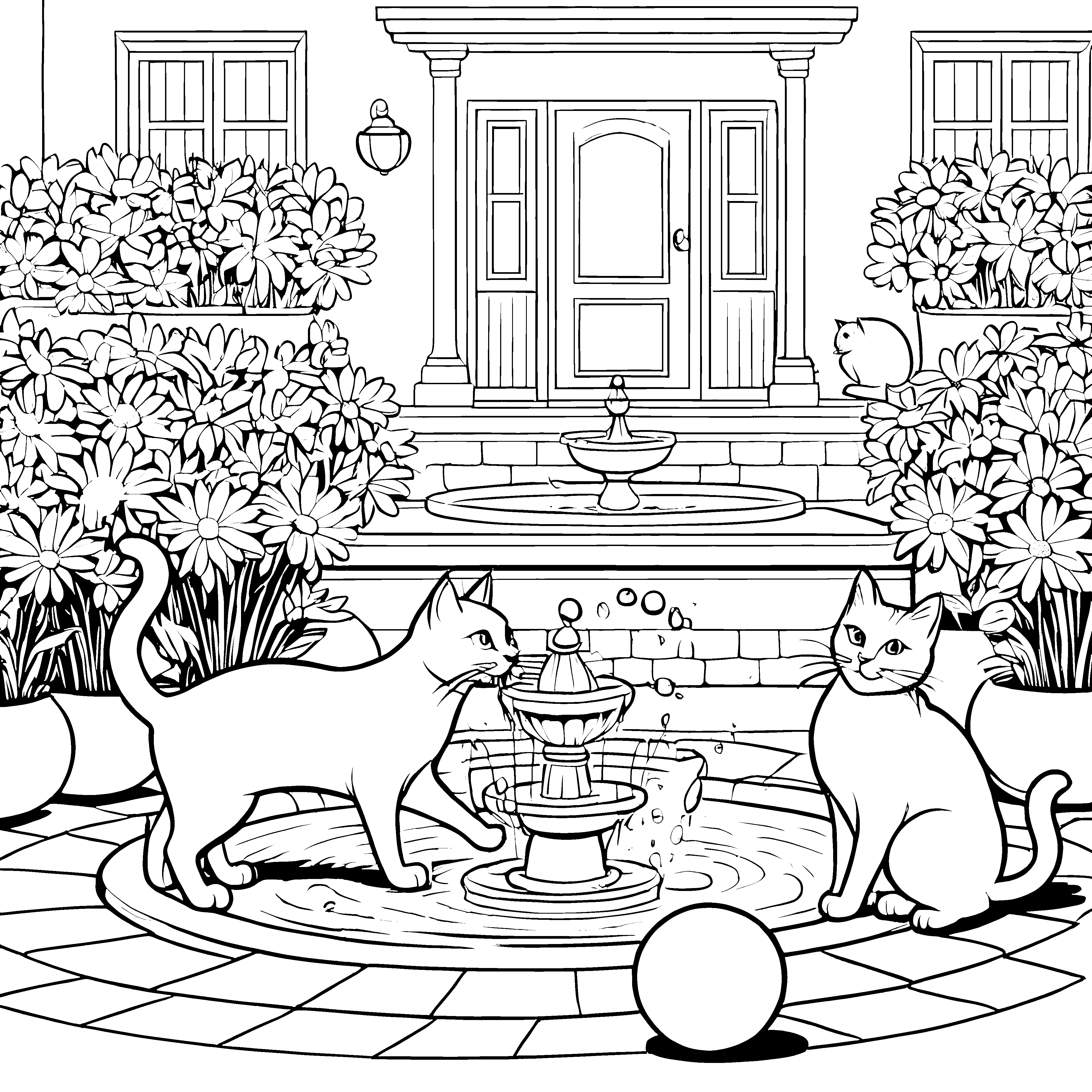 Lebhafte Katzen beim sprudelnden Brunnen Ausmalvorlage für kreative Geschichtenerzähler