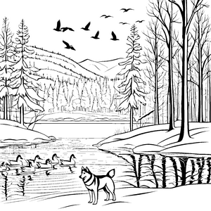 Entspanntes Husky am glitzernden See Malvorlage für aufmerksame Naturfreunde