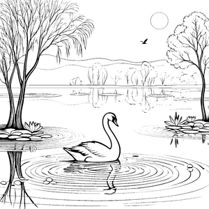 Eleganter Schwan schwimmend im ruhigen See Ausmalbild für fantasievolle Naturfreunde